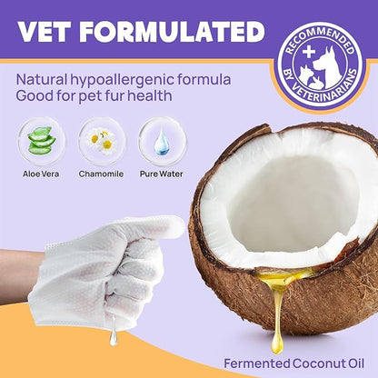 HICC PET Cleaning & Deodorizing Bathing Wipes for Dogs and Cats, Nourish Fur Coconut Oil Grooming Wipes for Dog/Cat, Pet Bathing Gloves Wipes for Daily Care and Traveling, Hypoallergenic
