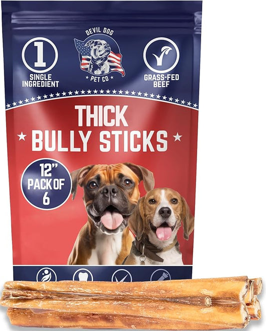 Devil Dog Pet Co. Thick Bully Sticks – 12 Inch 6 Pack Chew Treats, 100% All Natural, Free-Range Grass-Fed Beef – Long Lasting & Rawhide Free Bully Stick Dog Chews – Bully Sticks for Dogs