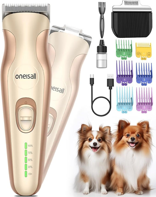 oneisall Dog Clippers for Grooming,2 in 1 Low Noise Dog Paw Trimmer with Double Blades,2 Speed Cordless Dog Grooming Clippers for Body, Paws, Ears and Face