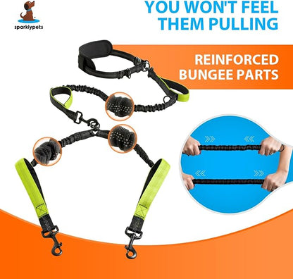 SparklyPets Hands Free Double Dog Leash – Dual Dog Leash for Medium and Large Dogs – Dog Leash for 2 Dogs with Padded Handles, Reflective Stitches, No Pull, Tangle Free
