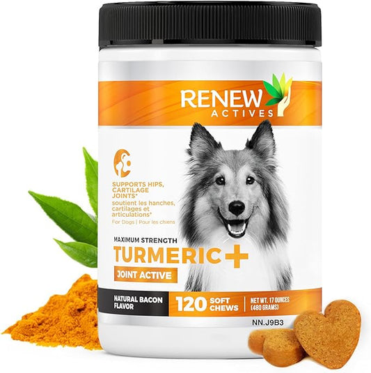 Renew Actives Organic Turmeric Joint Supplement for Dogs - Advanced Canine Support for Hip, Joint & Cartilage Health - Natural Mobility Formula with 120 Chewable Soft Treats
