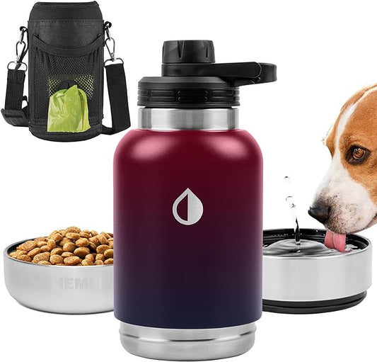 32 oz. Dog Water Bottle, Insulated Dog Travel Water Bottle, Stainless Steel Pet Water Bottle Dispenser Portable Food and Water Bowl for Dogs with Carrying Case for Walking Dog Canteen Travel Kit