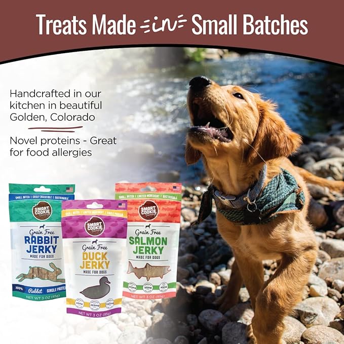 Jerky Dog Treats - 3 Flavor Variety Pack - Rabbit, Salmon & Duck Jerky Dog Treats - Training Treats for Dogs, Puppies with Allergies, Sensitive Stomachs - Grain Free, Made in USA - 3oz