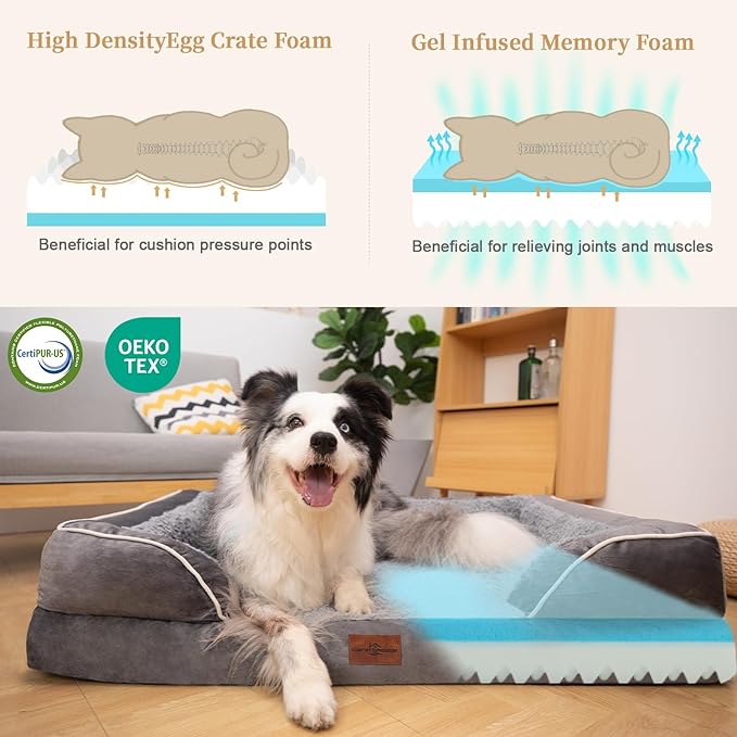 Cooling Dog Bed, Orthopedic Memory Foam Dog Bed, Dog Beds for Extra Large Dogs, XL Dog Bed with Removable Cover, Waterproof Pet Bed Large with Bolster(X-large,Silver Grey)