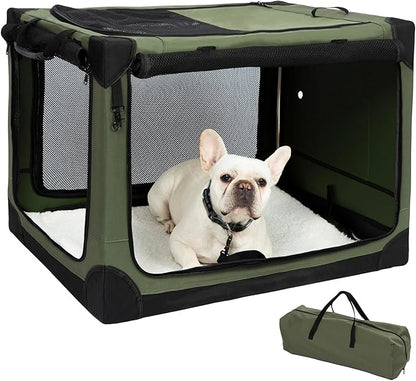 30 Inch Stainless Steel Collapsible Dog Crate - Soft Dog Crates for Medium Dogs, 4-Door Soft Sided Dog Kennel, Portable Foldable Travel Crate with Durable Mesh, Indoor & Outdoor, Olive Green