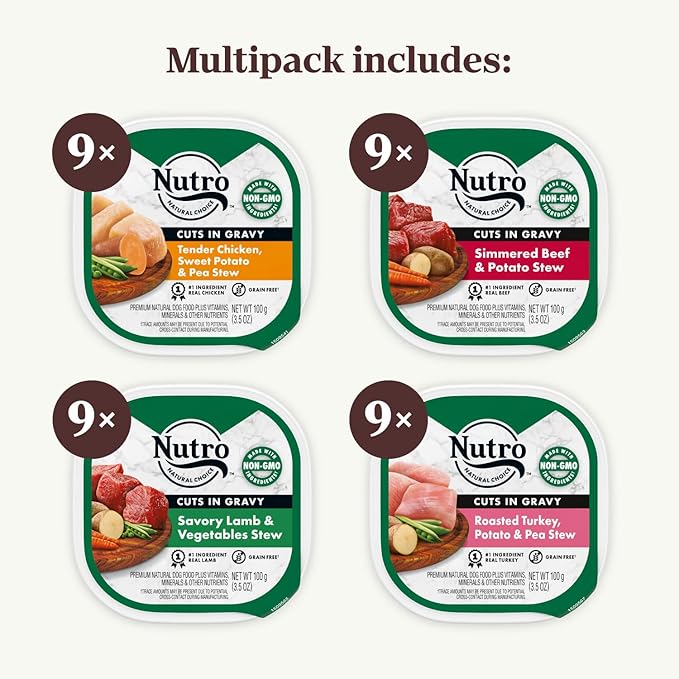 NUTRO Natural Grain Free Adult Dog Wet Food Cuts in Gravy Variety Pack of Beef, Lamb, Chicken, and Turkey Recipes, 3.5 oz. Trays (Pack of 36)