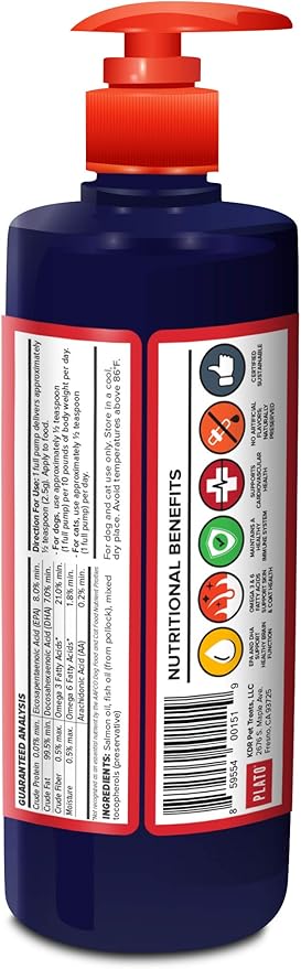 PLATO Wild Alaskan Salmon Oil Kibble Topper - Boost Dog Food with Omega 3 & 6 Fatty Acids - For Healthy Skin & Coat - 8 ounces