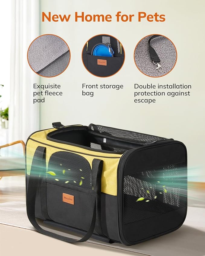 Morpilot Cat Carrier with Wheels Airline Approved, Pet Dog Carrier with Wheels for Small Dogs, Rolling Cat Carrier for Large Cats Puppy Stroller Detachable and Foldable Pet Travel Bag Black&Yellow