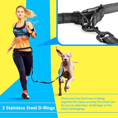 Hands Free Dog Running Leash with Adjustable Waist Belt, Dual Handle Elastic Bungees Retractable Rope for Medium and Large Dogs, Reflective Stitches for Walking Hiking Biking
