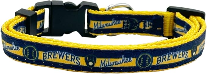 MLB CAT Collar Milwaukee Brewers Satin Cat Collar Baseball Team Collar for Dogs & Cats. A Shiny & Colorful Cat Collar with Ringing Bell Pendant