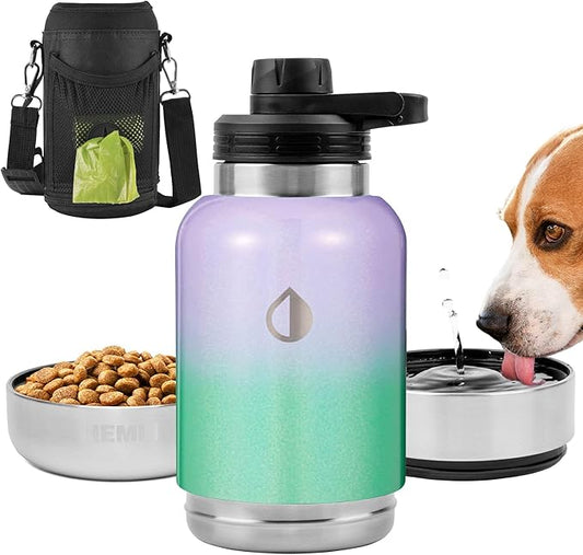 Dog Water Bottle Insulated Dog Travel Water Bottle Stainless Steel Pet Water Bottle Dispenser Portable Food and Water Bowl for Dogs with Carrying Case for Dog Walking (Purple Green Glitter, 32 oz)