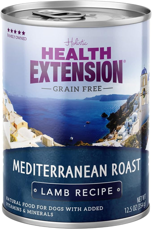 Health Extension Dog Food, Mediterranean Roast Lamb Recipe - 12.5 oz, Grain Free, Added Vitamins & Minerals, for All Life Stages, Vet Formulated, Improve Gut Health, Immune Support (Case of 12 Cans)