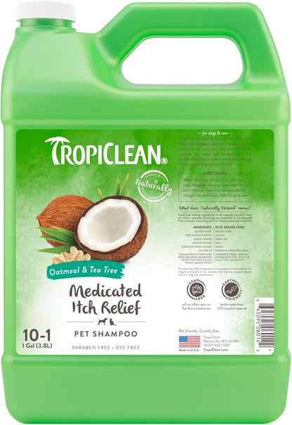 TropiClean Medicated Dog Shampoo for Allergies and Itching | Tea Tree & Oatmeal Dog Shampoo for Sensitive Skin | Natural Pet Shampoo Derived from Natural Ingredients | Made in the USA | 1 gallon
