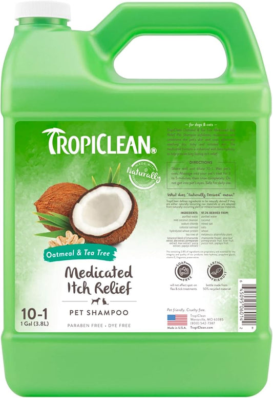 TropiClean Medicated Dog Shampoo for Allergies and Itching | Tea Tree & Oatmeal Dog Shampoo for Sensitive Skin | Natural Pet Shampoo Derived from Natural Ingredients | Made in the USA | 1 gallon