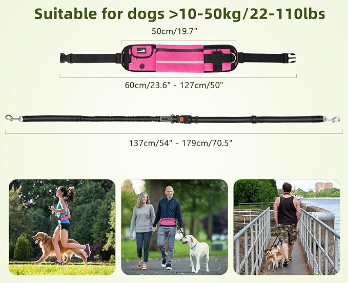 Pecute Hands Free Dog Leash with Pouch, Waist Belt Fanny Pack with Soft Pads, Dual Padded Handles, and Durable Bungee for Walking, Hiking, Jogging Biking, and Running (Up to 220lbs) Pink
