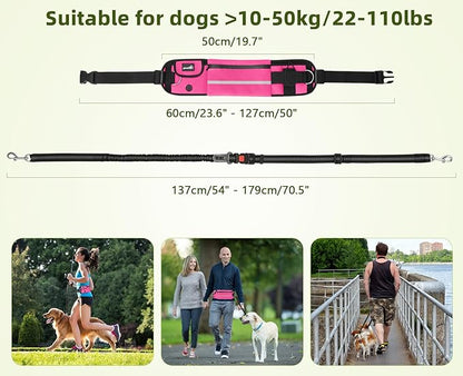 Pecute Hands Free Dog Leash with Pouch, Waist Belt Fanny Pack with Soft Pads, Dual Padded Handles, and Durable Bungee for Walking, Hiking, Jogging Biking, and Running (Up to 220lbs) Pink