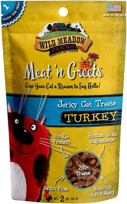 Wild Meadow Farms - Cat Treats - Meat 'N Greets - Soft Jerky Treats with Real Meat, High Protein, Grain-Free, Perfect for Training & Rewarding, All Natural Snacks for Cats - Turkey Flavor