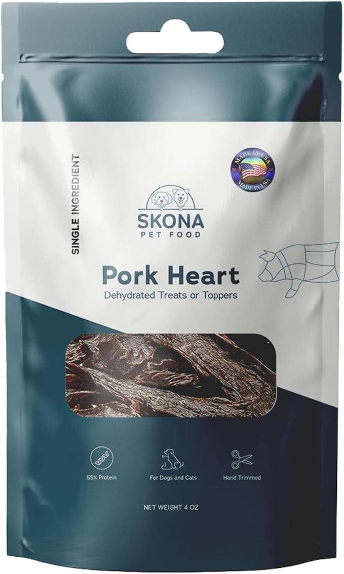 Skona Single-Ingredient Pork Heart Jerky Treats (4oz) | Dogs & Cats | Rich Vitamins, Protein, Taurine Boost | Dental Care, Hypoallergenic, USA Made