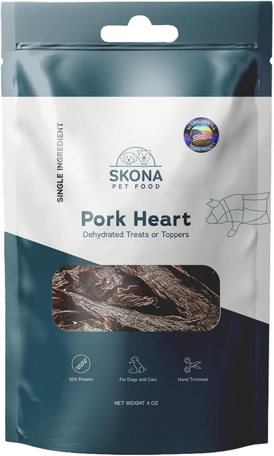 Skona Single-Ingredient Pork Heart Jerky Treats (4oz) | Dogs & Cats | Rich Vitamins, Protein, Taurine Boost | Dental Care, Hypoallergenic, USA Made