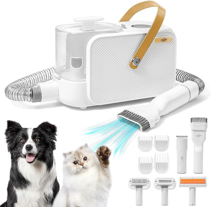 2.0L Dog Grooming Kit, Pet Grooming Kit & Vacuum Suction 99% Pet Hair Groomer, Professional Grooming Clippers with 5 Proven Grooming Tools for Dogs Cats, Quiet Pet Vacuum Groomer (White)