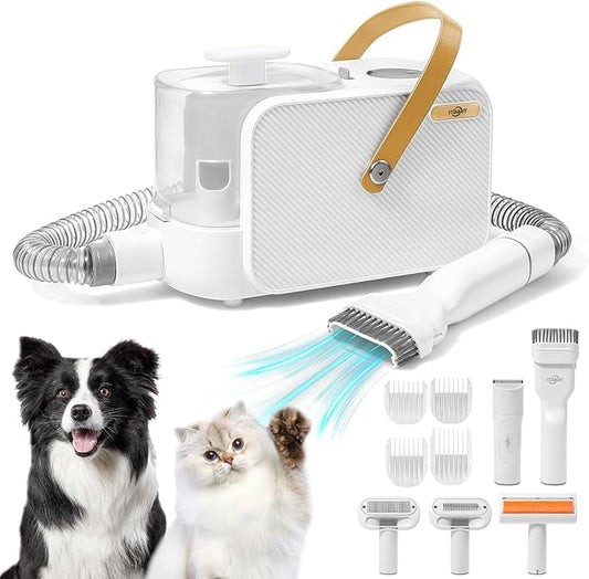 2.0L Dog Grooming Kit, Pet Grooming Kit & Vacuum Suction 99% Pet Hair Groomer, Professional Grooming Clippers with 5 Proven Grooming Tools for Dogs Cats, Quiet Pet Vacuum Groomer (White)