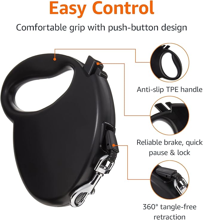 Amazon Basics Retractable Dog Leash, Medium - 16ft, Black