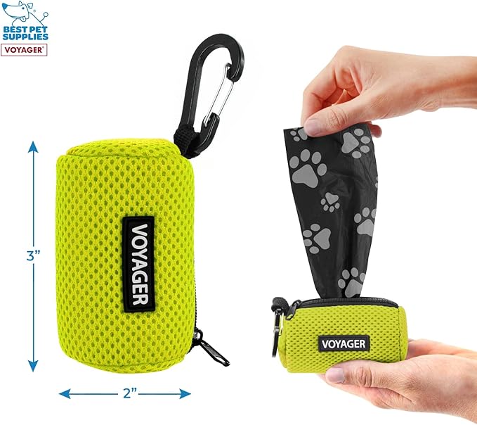 Best Pet Supplies Dog Poop Bag Holder Leash Attachment with 15 Bags, Lime Green, Reusable Mesh Dispenser Pouch for Travel, Walking, Park, and Outdoor Use, Soft and Durable with Clip-On (Pack of 4)