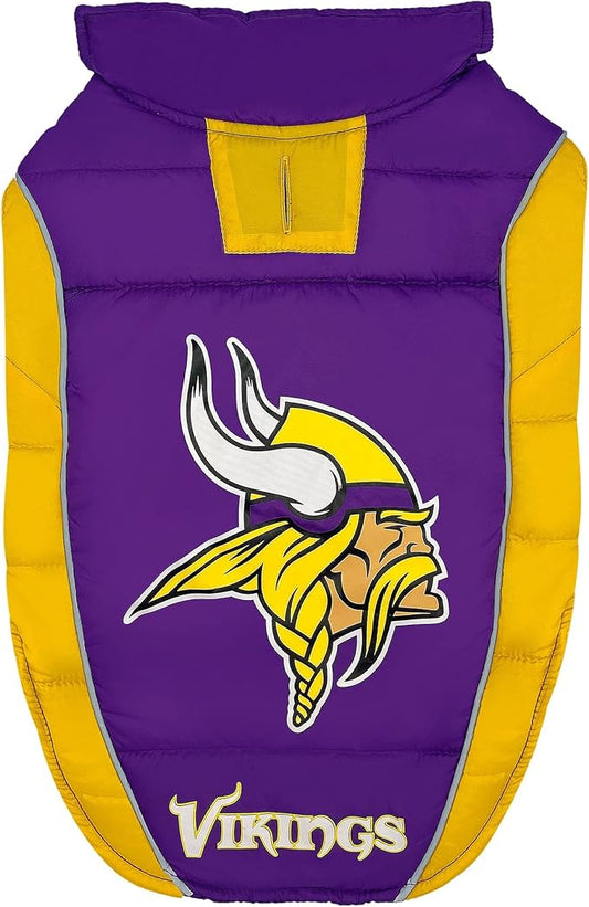 NFL Minnesota Vikings Puffer Vest for Dogs & Cats, Size Medium. Warm, Cozy, and Waterproof Dog Coat, for Small and Large Dogs/Cats. Best NFL Licensed PET Warming Sports Jacket