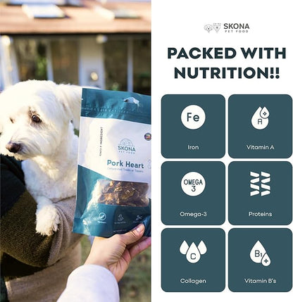 Skona Single-Ingredient Pork Heart Jerky Treats (4oz) | Dogs & Cats | Rich Vitamins, Protein, Taurine Boost | Dental Care, Hypoallergenic, USA Made