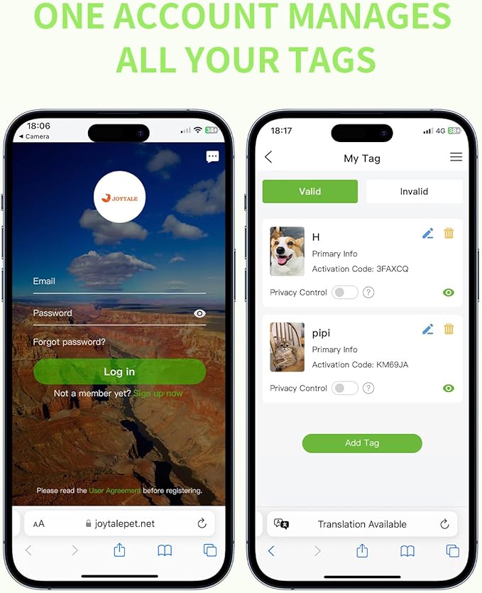 Joytale [ NO APP Required ] Silent Silicone QR Code Dog Tag, Slide On Dog Tags for 1.2-1.6Inch Wide Collars or Vest, NFC Pet Online Profile, Scan QR to Send Location Alert Email, Green, L