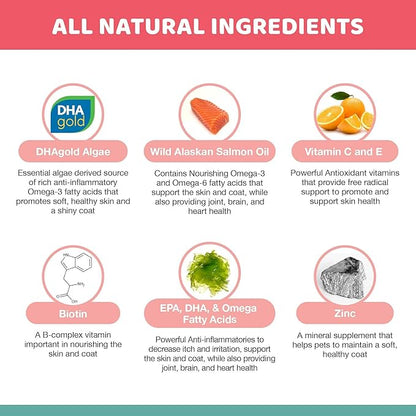 Natural Skin and Coat Allergy Support Soft Chews for Dogs – Anti-inflammatory and Anti-Itch Vitamins, Omega 3 6 9 + EPA, DHA Gold, Fish Oil - for Hot Spots, Seasonal Allergies, Dry, Itchy Skin 120ct.