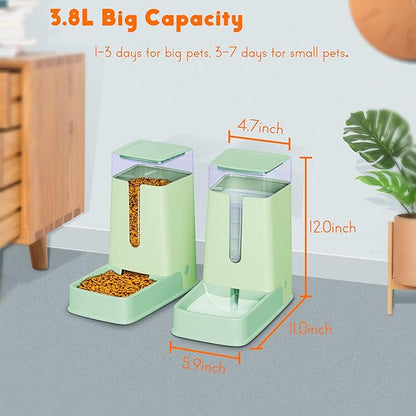 Automatic Cat Feeder and Cat Water Dispenser in Set 2 Packs Automatic Dog Feeder and Dog Water Dispenser 1 Gallon for Small Medium Big Dog Pets Puppy Kitten (green)