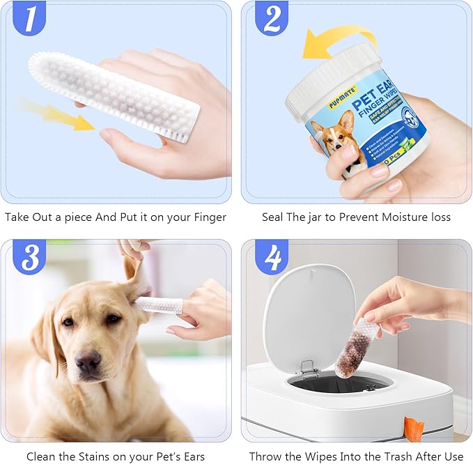 Ear Finger Wipes for Dogs & Cats - Cleaning Earwax & Debris - Relieves Ear Itching & Discomfort - Fresh Aloe Scent - Sooths & Repair, Natural Ingredients-100 Count