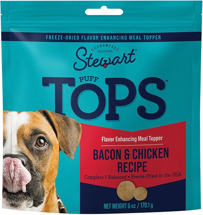 Stewart Freeze Dried Dog Food Topper, PuffTops, Made in USA with Real Bacon, Healthy, Natural, Freeze Dried Dog Treats, Bacon, Chicken, Apple, and Kale Recipe, 6 Ounce Resealable Pouch