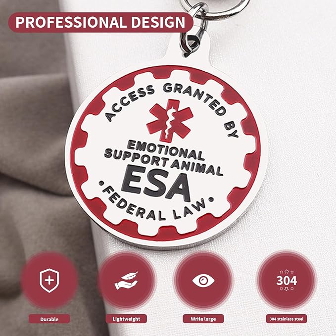 Emotional Support Dog Tag Emotional Support Dog Tag Metal Pet ID Tags ESA Tag Red Medical Alert Symbol Double Sided, Navy Lettering l Easily Switch Between Collars Harness and Vest.