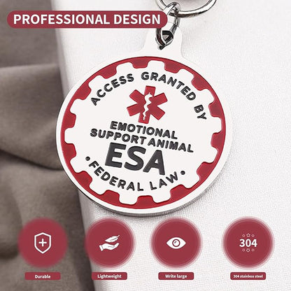 Emotional Support Dog Tag Emotional Support Dog Tag Metal Pet ID Tags ESA Tag Red Medical Alert Symbol Double Sided, Navy Lettering l Easily Switch Between Collars Harness and Vest.