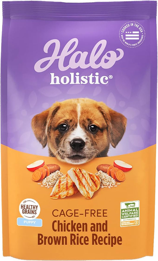 Halo Purely for Pets Holistic Dog Food, Complete Digestive Health Cage-Free Chicken and Brown Rice Recipe, Dry Dog Food Bag, Puppy Formula, 3.5-lb Bag