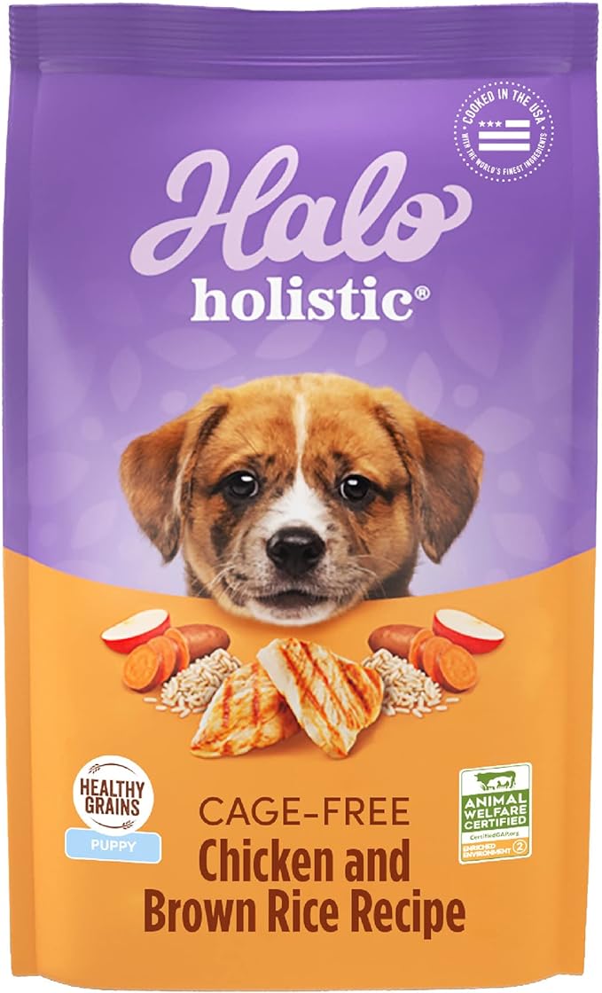 Halo Purely for Pets Holistic Dog Food, Complete Digestive Health Cage-Free Chicken and Brown Rice Recipe, Dry Dog Food Bag, Puppy Formula, 3.5-lb Bag