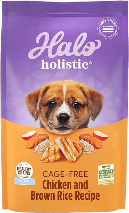Halo Purely for Pets Holistic Dog Food, Complete Digestive Health Cage-Free Chicken and Brown Rice Recipe, Dry Dog Food Bag, Puppy Formula, 3.5-lb Bag