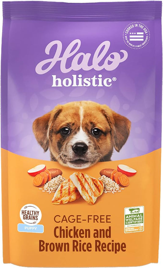 Halo Purely for Pets Holistic Dog Food, Complete Digestive Health Cage-Free Chicken and Brown Rice Recipe, Dry Dog Food Bag, Puppy Formula, 3.5-lb Bag