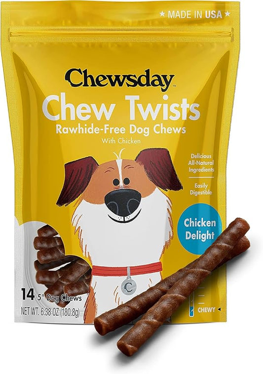 5-Inch Chewy Dog Chew Twists, Made in The USA, All Natural Rawhide-Free Highly-Digestible Treats, Chicken Delight - 14 Count