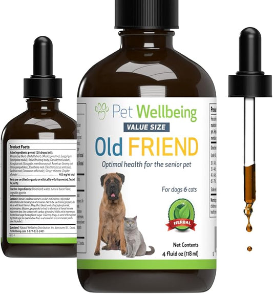 Pet Wellbeing Old Friend for Senior Dogs & Cats - Vet-Formulated - Aging Immune System & Joint Mobility Support in Older Pets - Natural Herbal Supplement 4 oz (118 ml)
