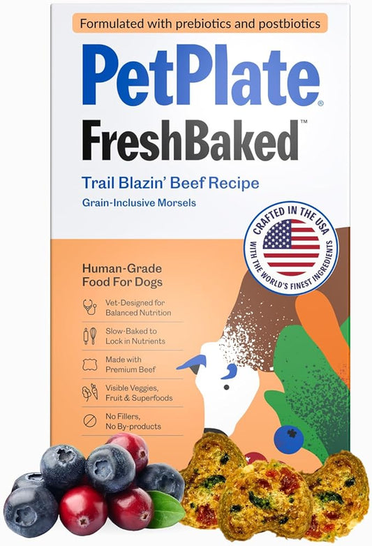 PetPlate FreshBaked Dry Dog Food Grain-Inclusive | Human Grade Dog Kibble | Vet Designed and Formulated with Prebiotics and Postbiotics | No Fillers or by-Products | 2lbs (Beef)