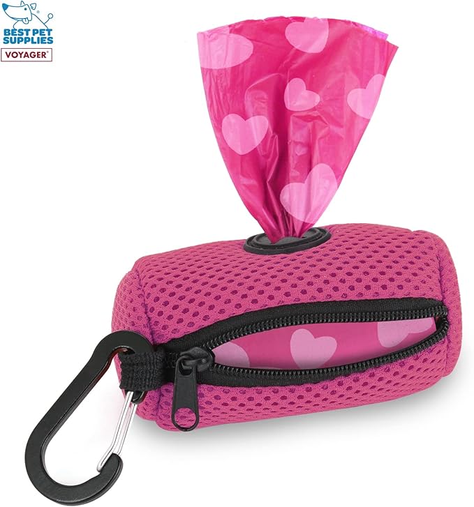 Best Pet Supplies Dog Poop Bag Holder Leash Attachment with 15 Bags, Fuchsia, Reusable Mesh Dispenser Pouch for Travel, Walking, Park, and Outdoor Use, Soft and Durable with Clip-On