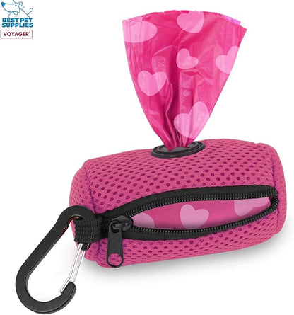 Best Pet Supplies Dog Poop Bag Holder Leash Attachment with 15 Bags, Fuchsia, Reusable Mesh Dispenser Pouch for Travel, Walking, Park, and Outdoor Use, Soft and Durable with Clip-On