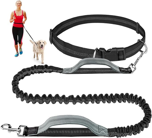 Hands Free Dog Leash, Waist Dog Running Leash for Medium to Large Dogs, Retractable Bungee Hands Free Leash for Walking Jogging Training Hiking, Adjustable Waist Belt, Dual Handle