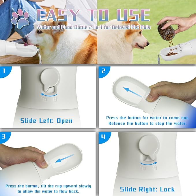 Outdoor Dog Water Bottle, Portable Puppy Essentials for Camping Travel, Food Grade Travel Dog Water Bowl Dispenser, Large Capacity Pet Water Bottle, Gifts for Dog (19Oz, White&Blue)