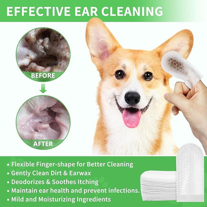 𝐆𝐉𝐘𝐂 𝐏𝐄𝐓 Ear Finger Wipes for Dogs & Cats - Natural Ingredients Gently Remove Ear Wax, Debris - Soothes & Deodorizes - Relieve Ear Itching & Inflammation with Aloe, 55 Count