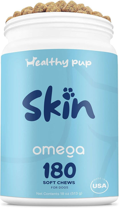 Dog Fish Oil Supplements - 180 Delicious Chew Treats - Omega 3 Rich Salmon Oil, EPA, DHA, Biotin, and Vitamin E for Healthier, Shinier, Skin, Coat and Fur, Helps Skin Allergies