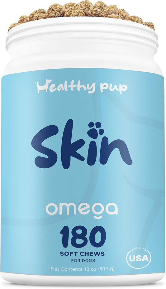 Dog Fish Oil Supplements - 180 Delicious Chew Treats - Omega 3 Rich Salmon Oil, EPA, DHA, Biotin, and Vitamin E for Healthier, Shinier, Skin, Coat and Fur, Helps Skin Allergies